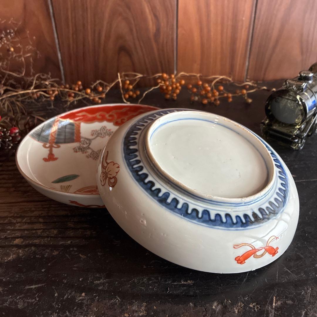 骨董　古伊万里　金彩色絵　面白図案　火鉢　猫　花見御簾　男女色掛け　風流２客限り