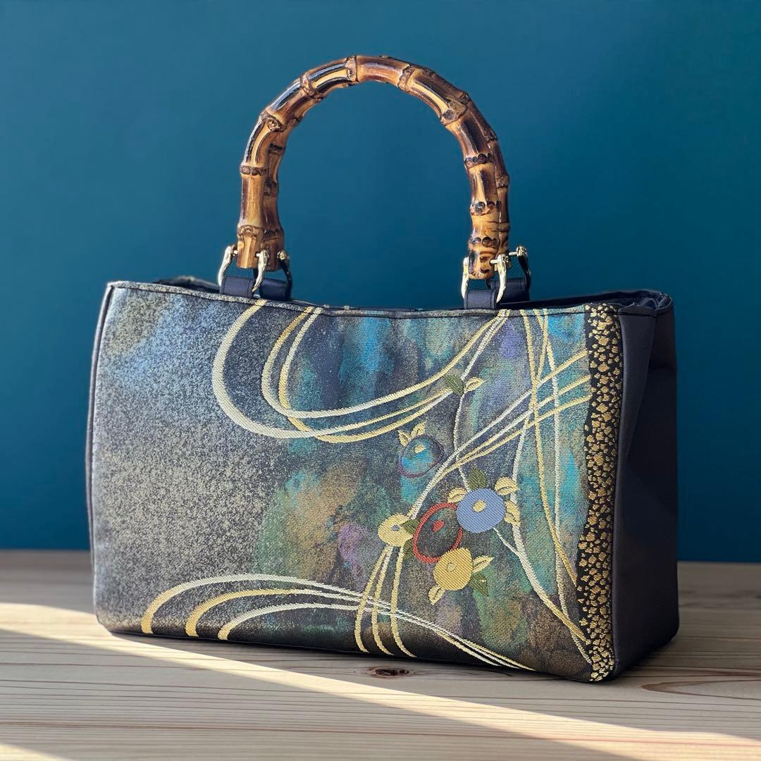 【光を抱く夜】帯リメイク ショルダー対応 バンブー トートバッグ 洋装にも◎