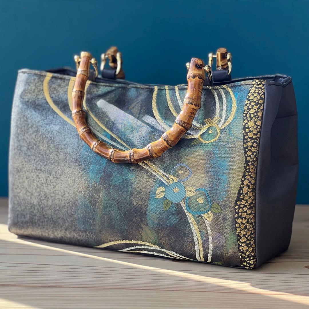 【光を抱く夜】帯リメイク ショルダー対応 バンブー トートバッグ 洋装にも◎