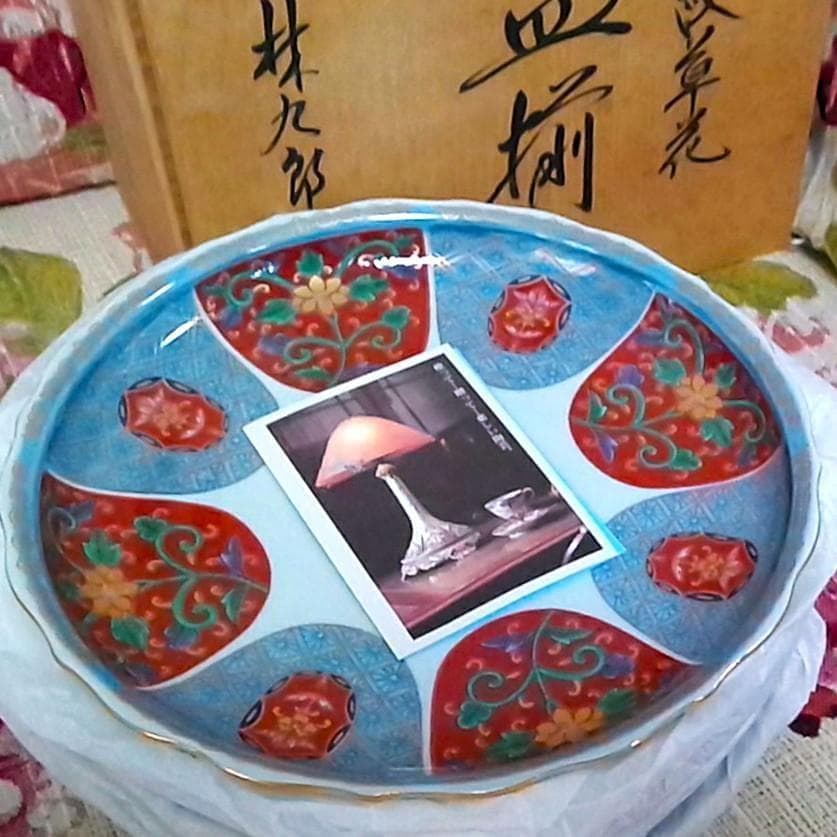 新品木箱入5客 林九郎窯 金彩赤絵輪花皿 染錦和皿揃