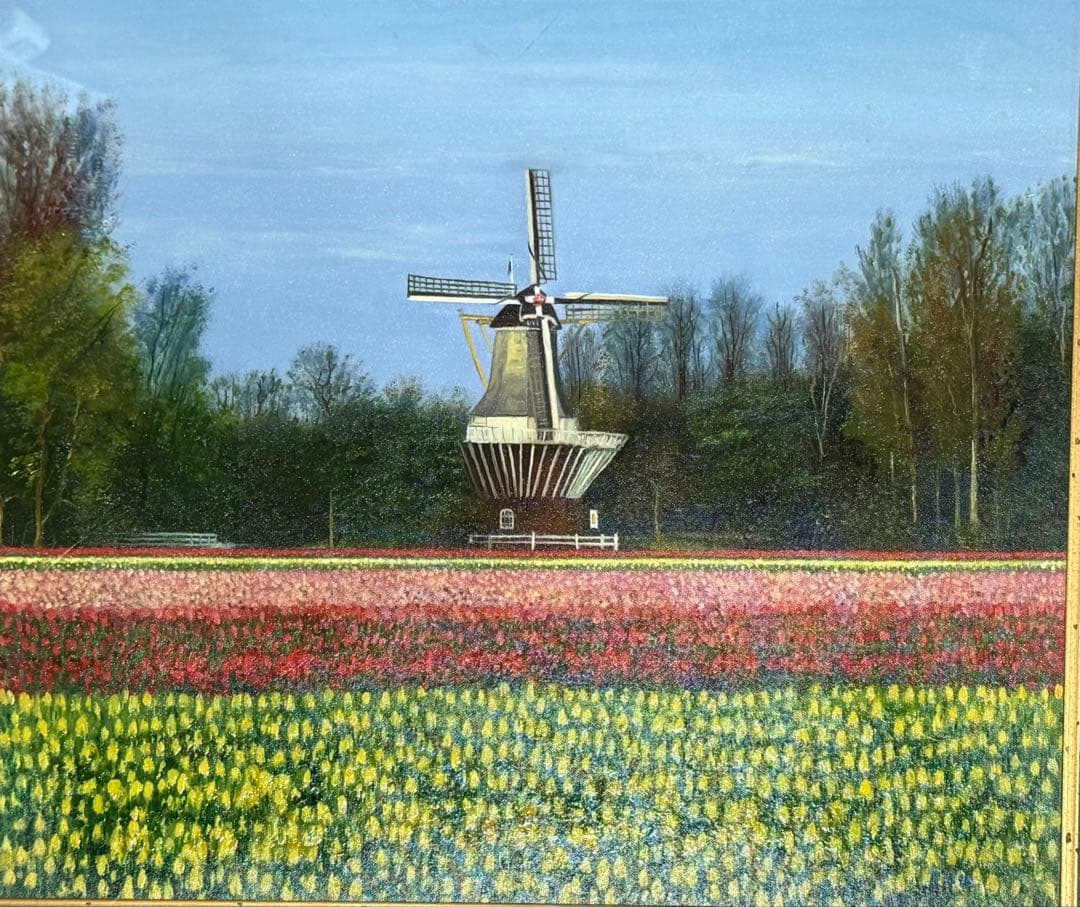 風車とチューリップ畑の油彩画