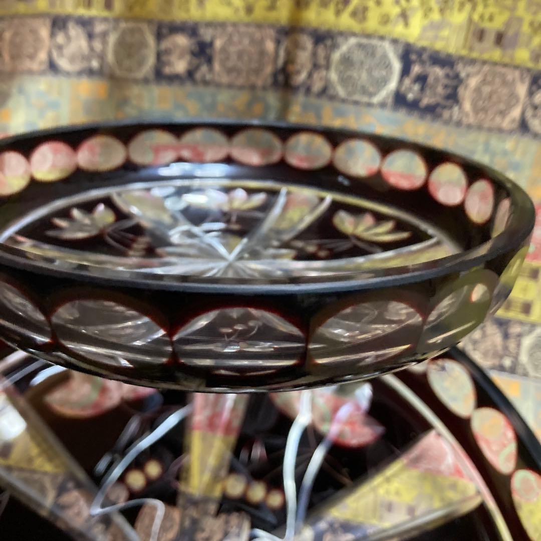 ワインレッド切子ガラスボウル+￼取皿6枚セット花模様￼24.5×6/15×3cm