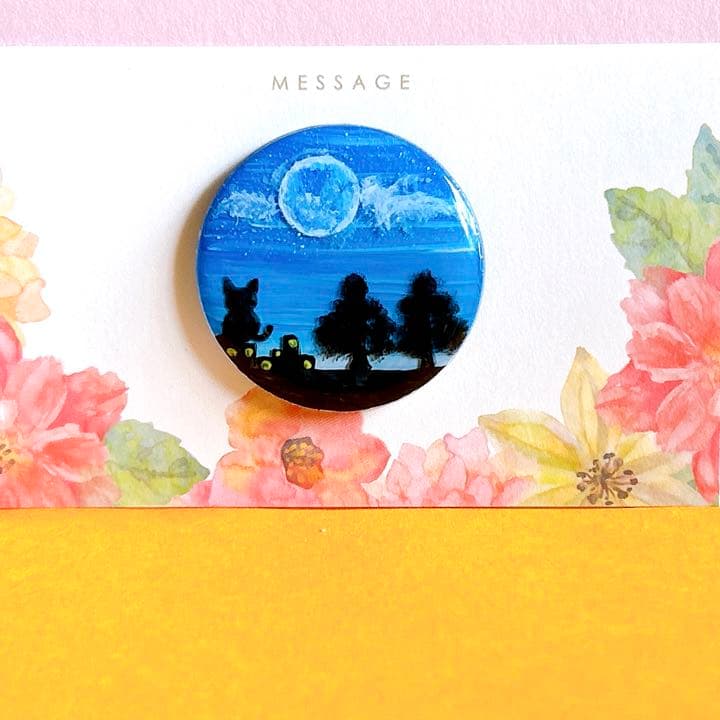 手書き　青月　ヘアゴム　ブローチ　レジン　猫