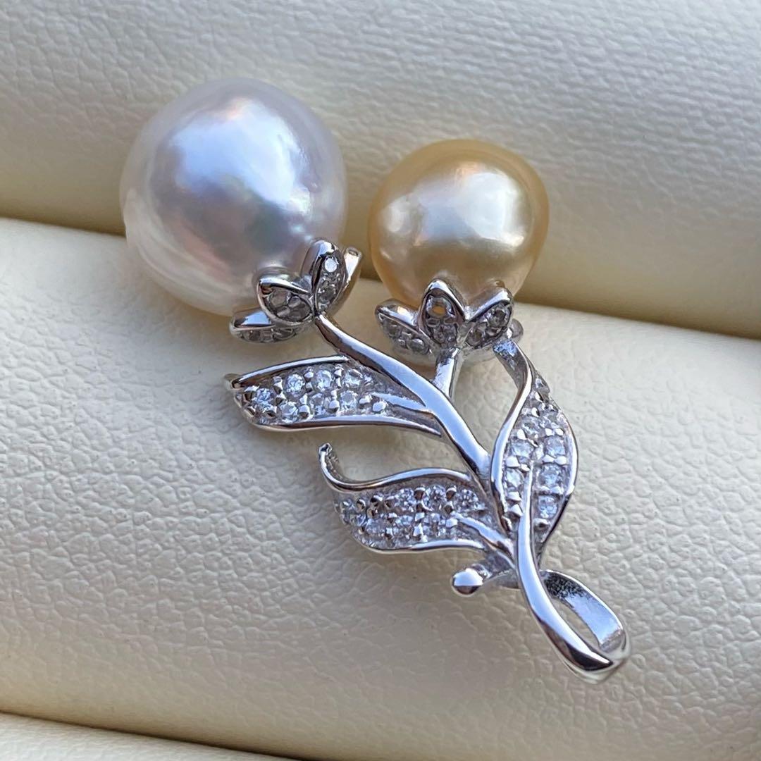 本真珠　南洋白蝶真珠ネックレストップ　10.6&9mmゴールドホワイトPT958