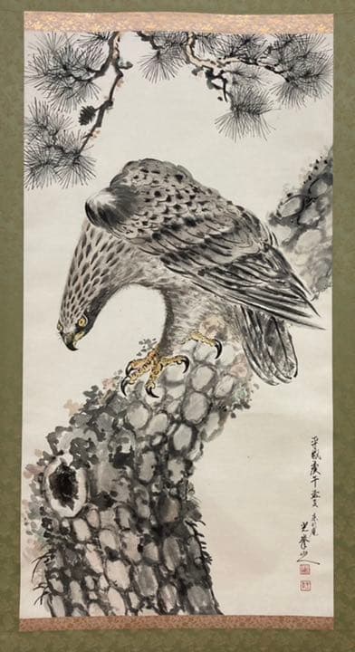 菊地光峰   一品物掛軸　日本画　松樹大鷹