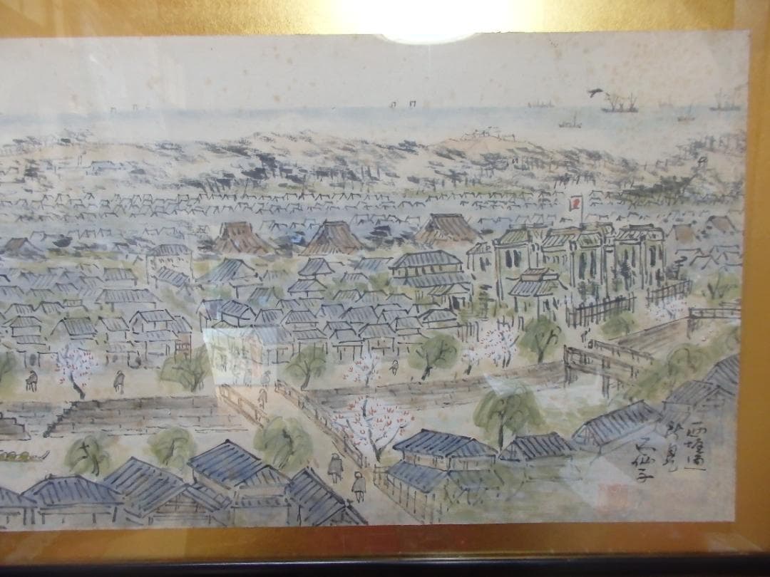 新潟昔の風景画家　高橋五仙子思い出の新潟百景『西堀通』紙本 額装(扁額)直筆保証