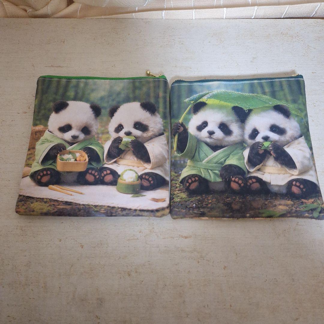 パンダパネル生地　ハンドメイド　フラットポーチ