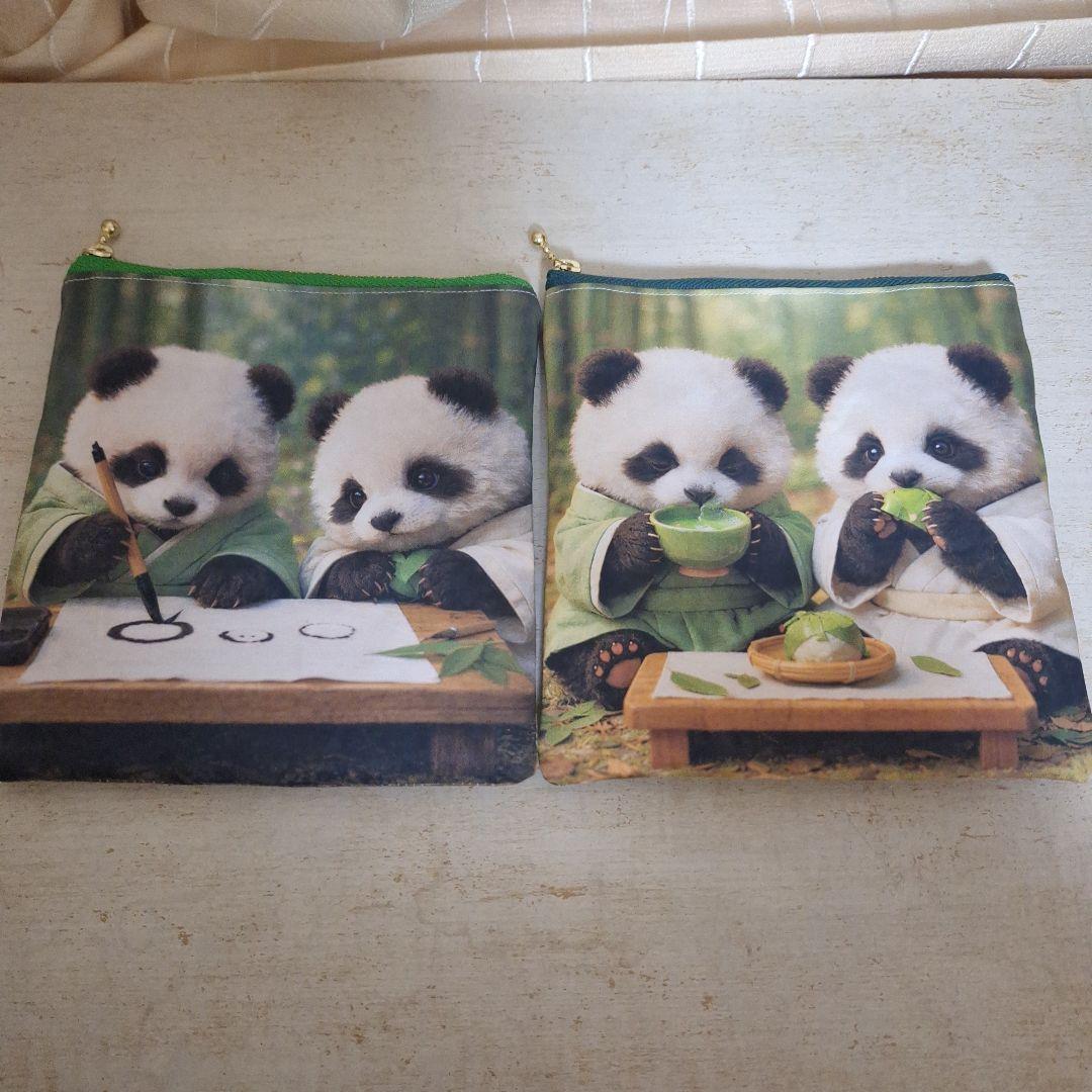 パンダパネル生地　ハンドメイド　フラットポーチ