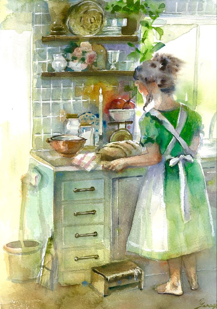 水彩画 原画 お天気の台所