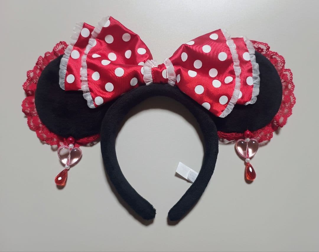 即日発送　ディズニー　ミニー　水玉リボン　イヤリングカチューシャ　レース　赤