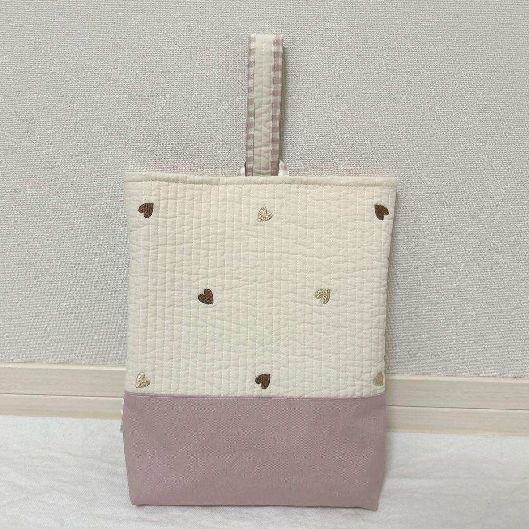 入園入学3点セット　【ハートヌビ×くすみピンク】　レッスンバッグ　上靴袋