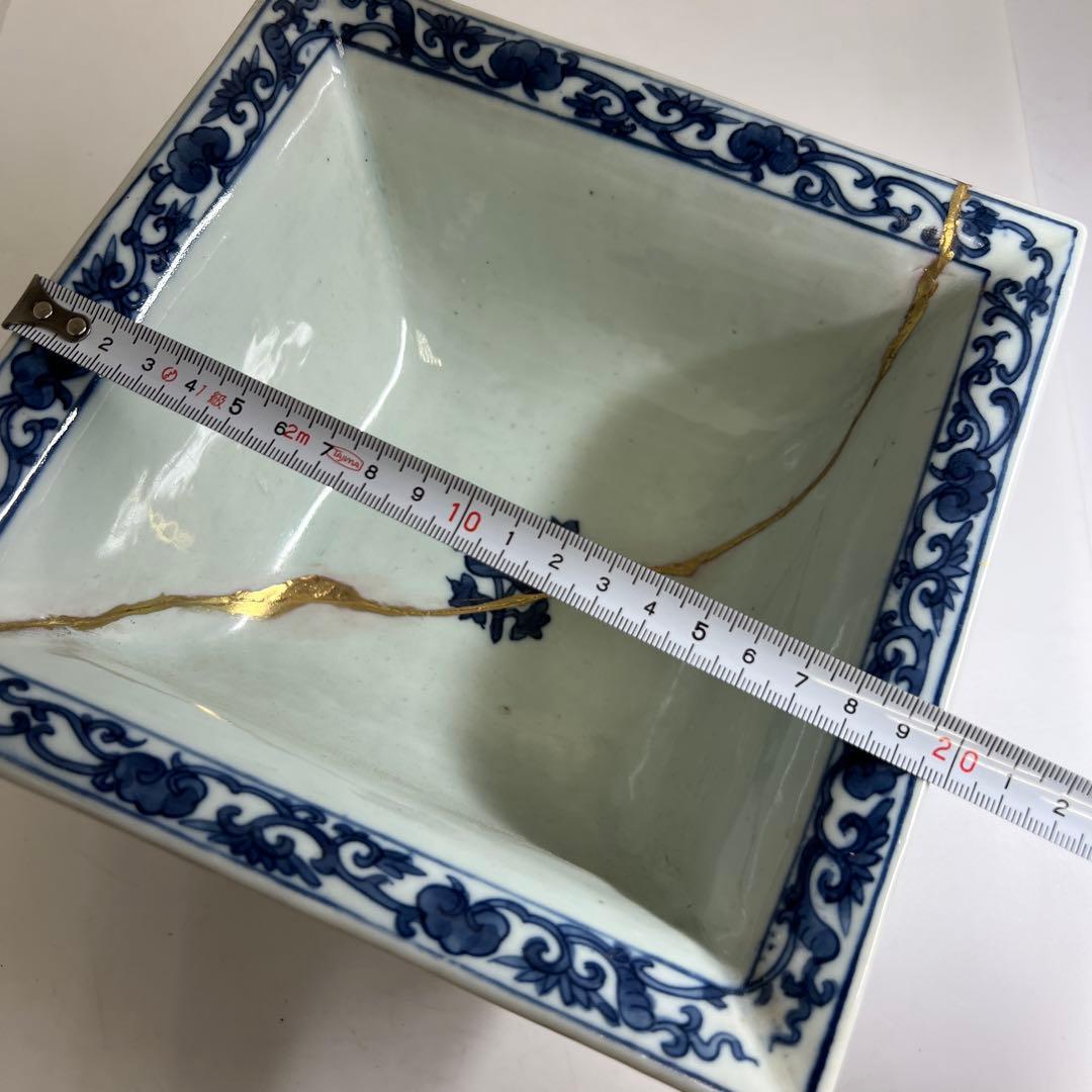 中国古玩　大明萬暦年製　染付龍図角鉢　幅19.7㎝　東Y8-0217②