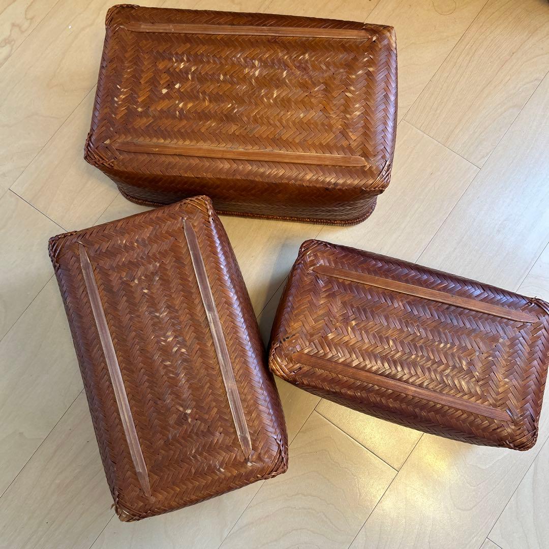 【レア】行李 竹籠 収納籠 レトロ 篠竹収納かご 入れ子式3点セット