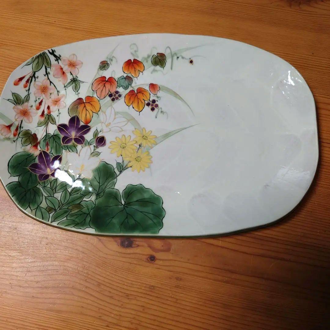 京焼 陶葊 31cm✕21cm 桜 山葡萄 桔梗 石蕗の花 楕円 皿 飾皿