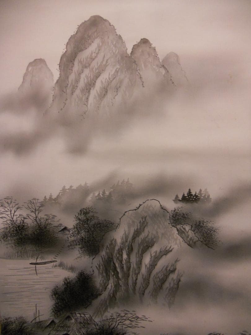 掛け軸 堀広陽 水墨山水 絹本 希少 軸装 茶道具 掛軸 美品 です。