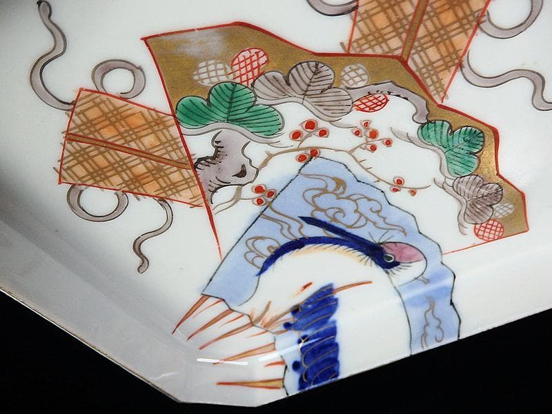 古伊万里　染錦　松に丹頂鶴の図　角皿　４枚　D827AS-BJn