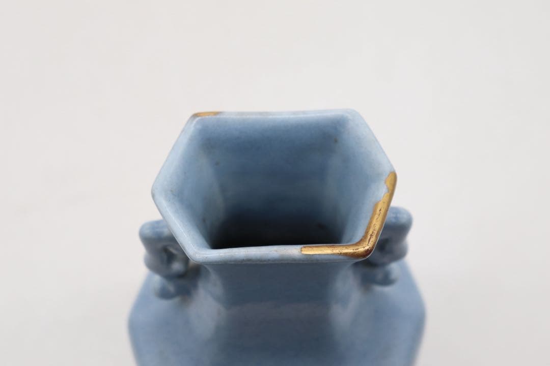 中国　清時代　天青釉雙耳瓶　木箱付　送料込み250520