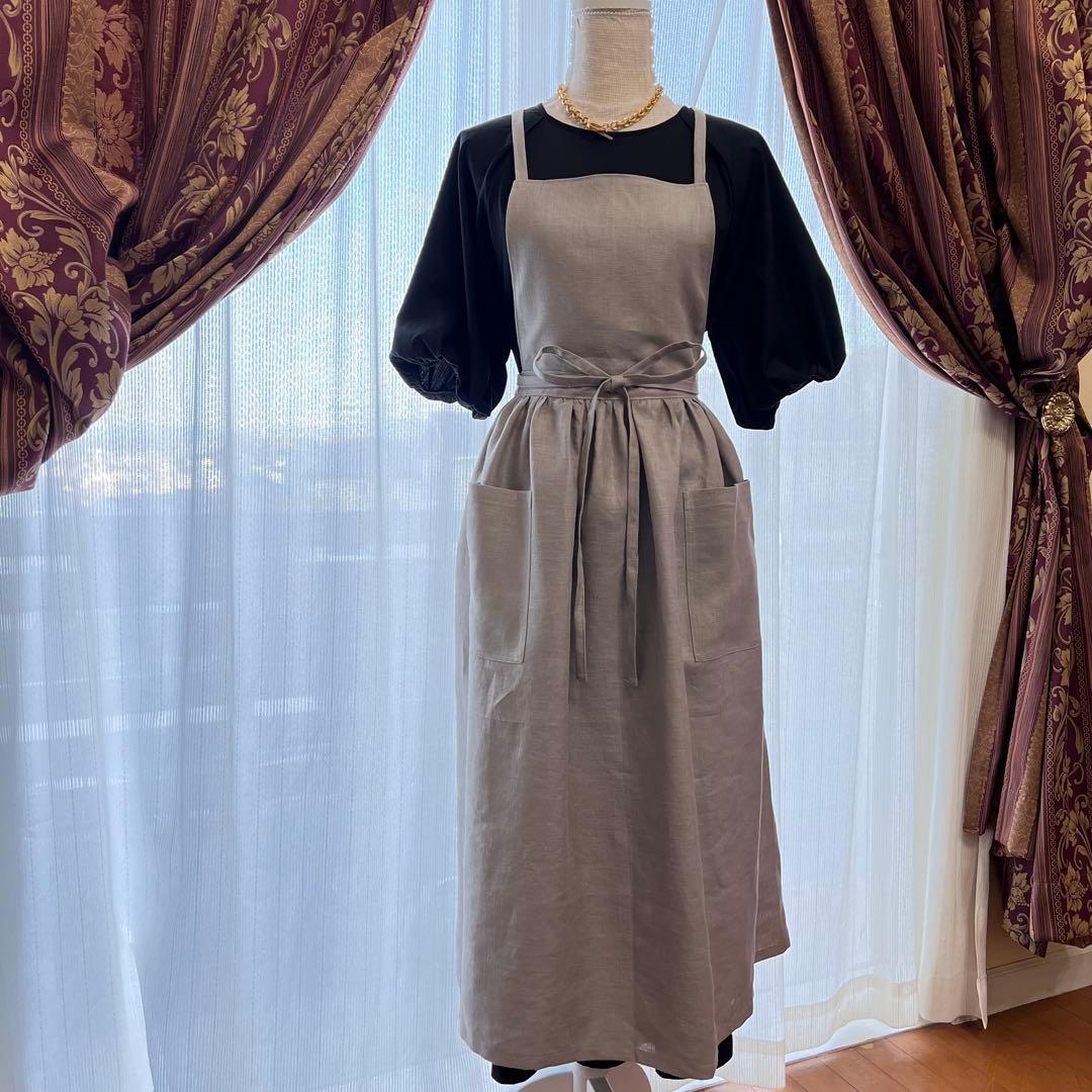 リネンの2wayギャザーエプロン モーヴピンク ハンドメイド