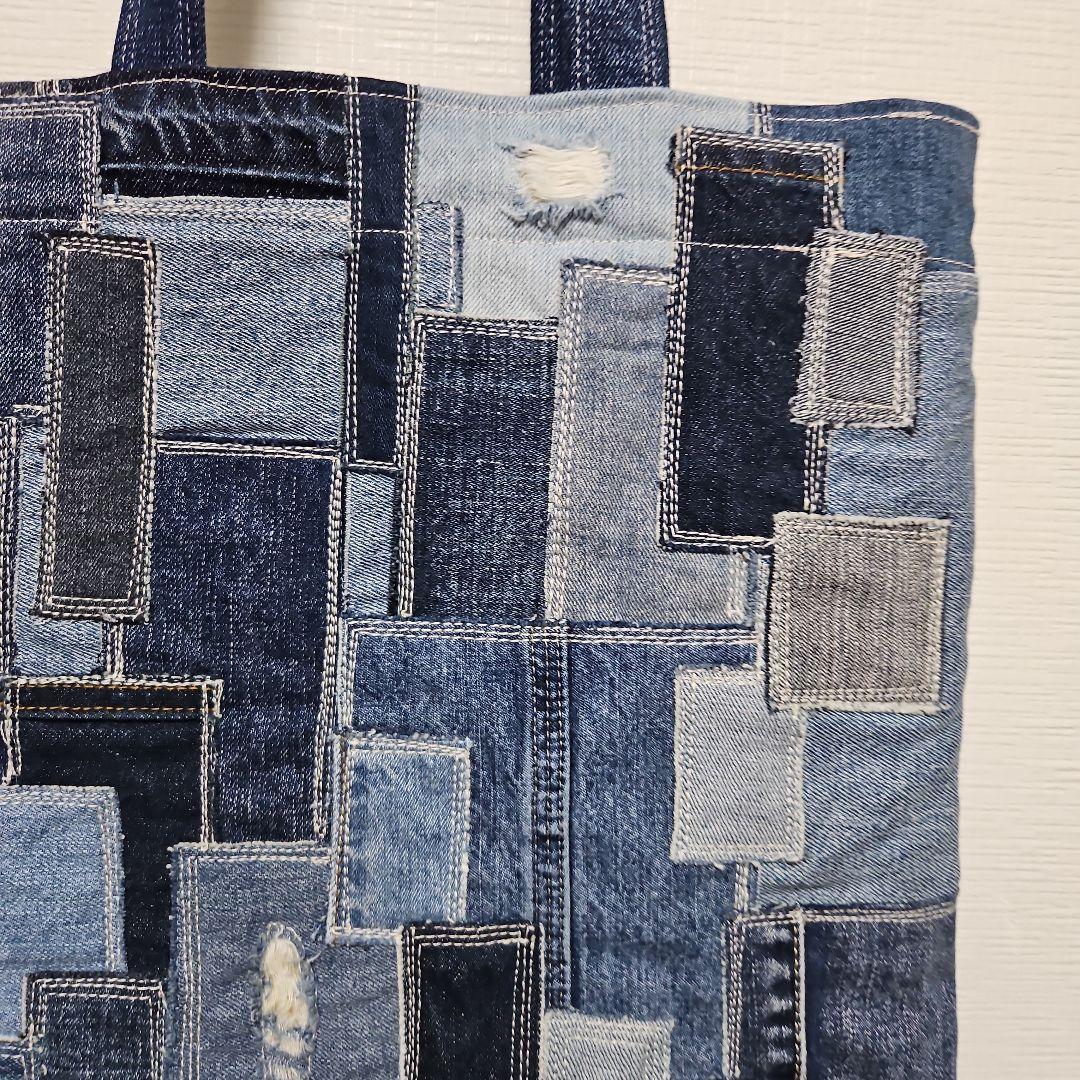 デニムリメイク パッチワーク ヴィンテージ風バッグ　刺し子