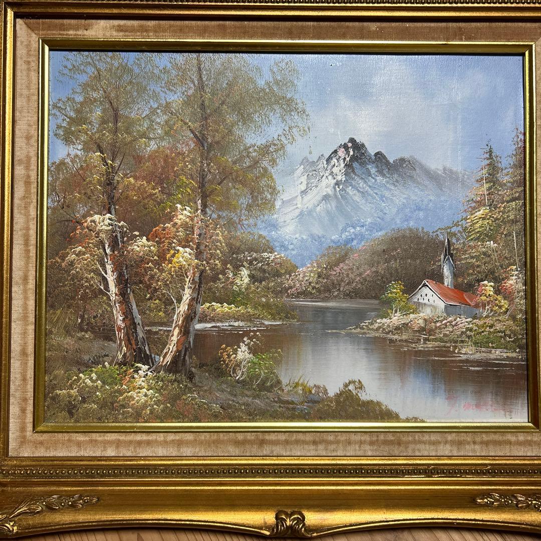 アンティーク 山水 油彩画 油絵 風景画 金縁 絵画 オブジェ アート