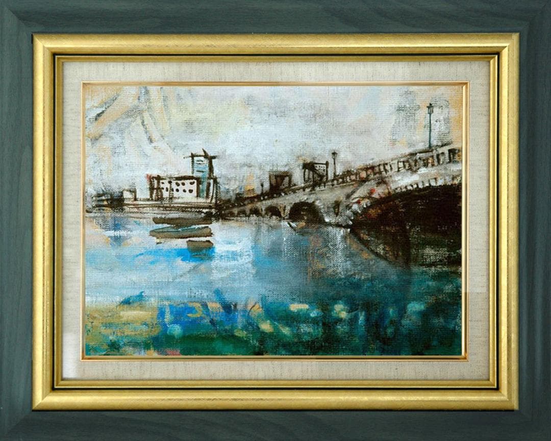 油絵 菅家令子 絵 絵画インテリア額付(青緑＋金色の枠)F4-090914風景橋