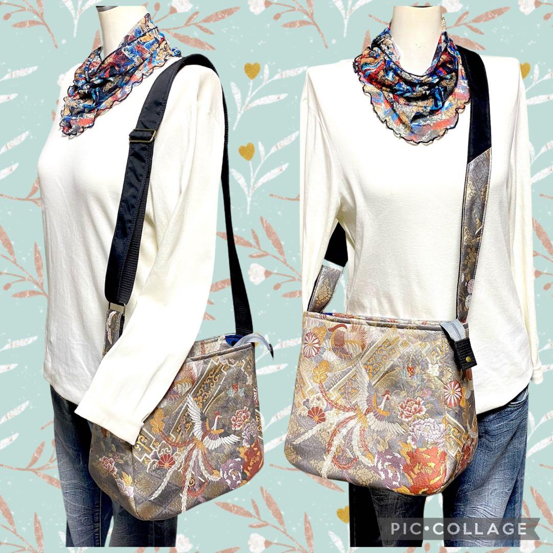 392 帯リメイク　はばたく鳳凰のふっくらショルダーバッグ　匿名配送