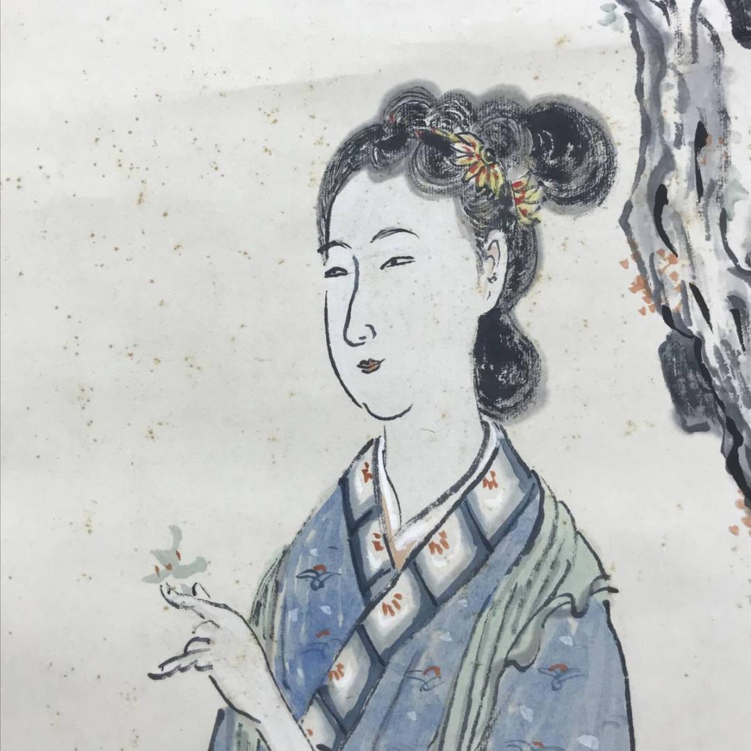 【真作】若狭物外/唐美人春秋図/美人画/掛軸/名家伝来/AD-657