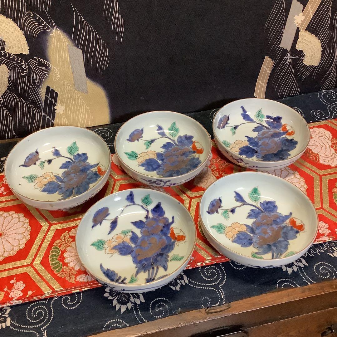 古伊万里　絵皿　江戸　金彩色絵　膾皿　花絵　5客　李朝・九谷焼・輪島塗好きに