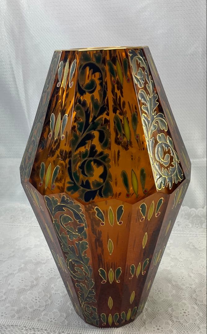 窯彩硝子　雨宮喜能登　茶色の八角形花瓶 植物模様