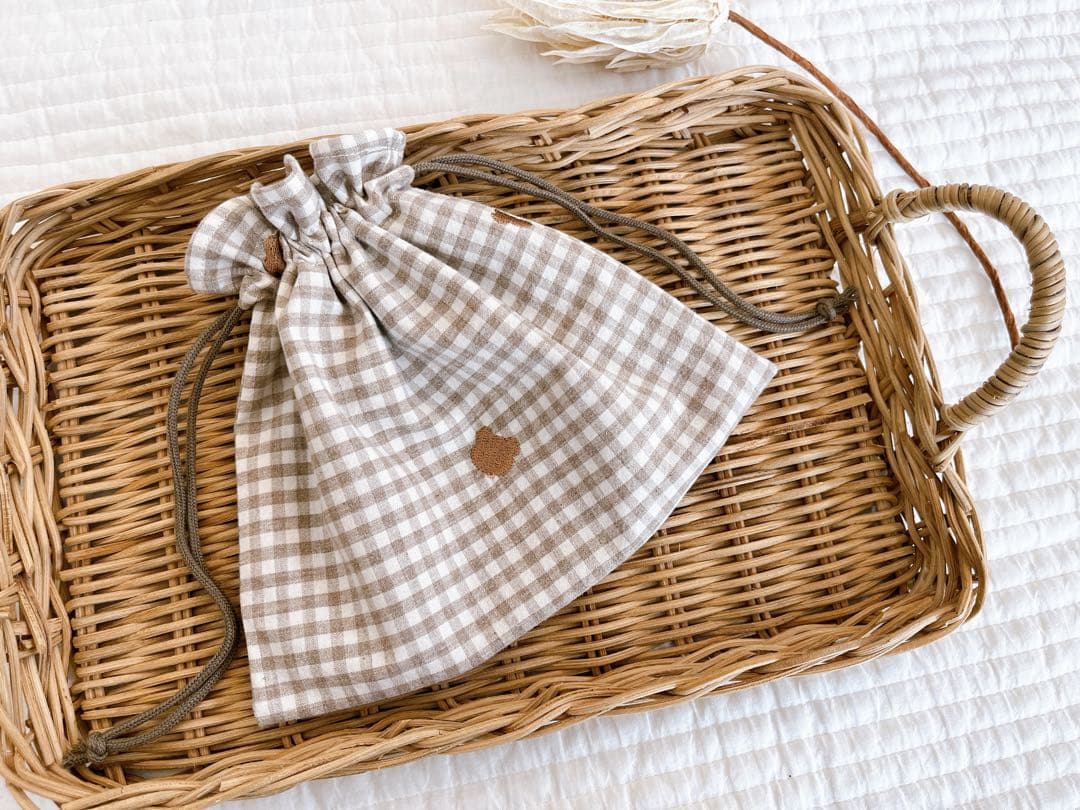 専用★ハンドメイド★巾着  テディベア刺繍✖️チェック柄　コップ袋などに♪