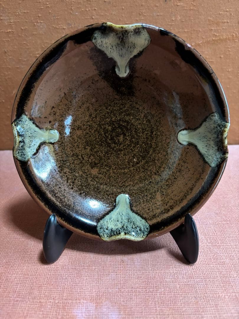 河井寛次郎作柿海鼠釉四方押皿　一品物　検森豊穣の土