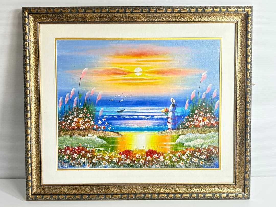 幸せを呼ぶ少女 幸運 海辺 油彩 額装 51.6×60.5cm 風水画 サイン