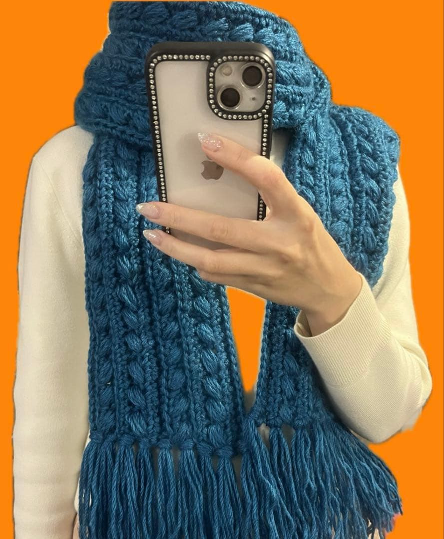 ターコイズブルー ニットマフラー フリンジ付き