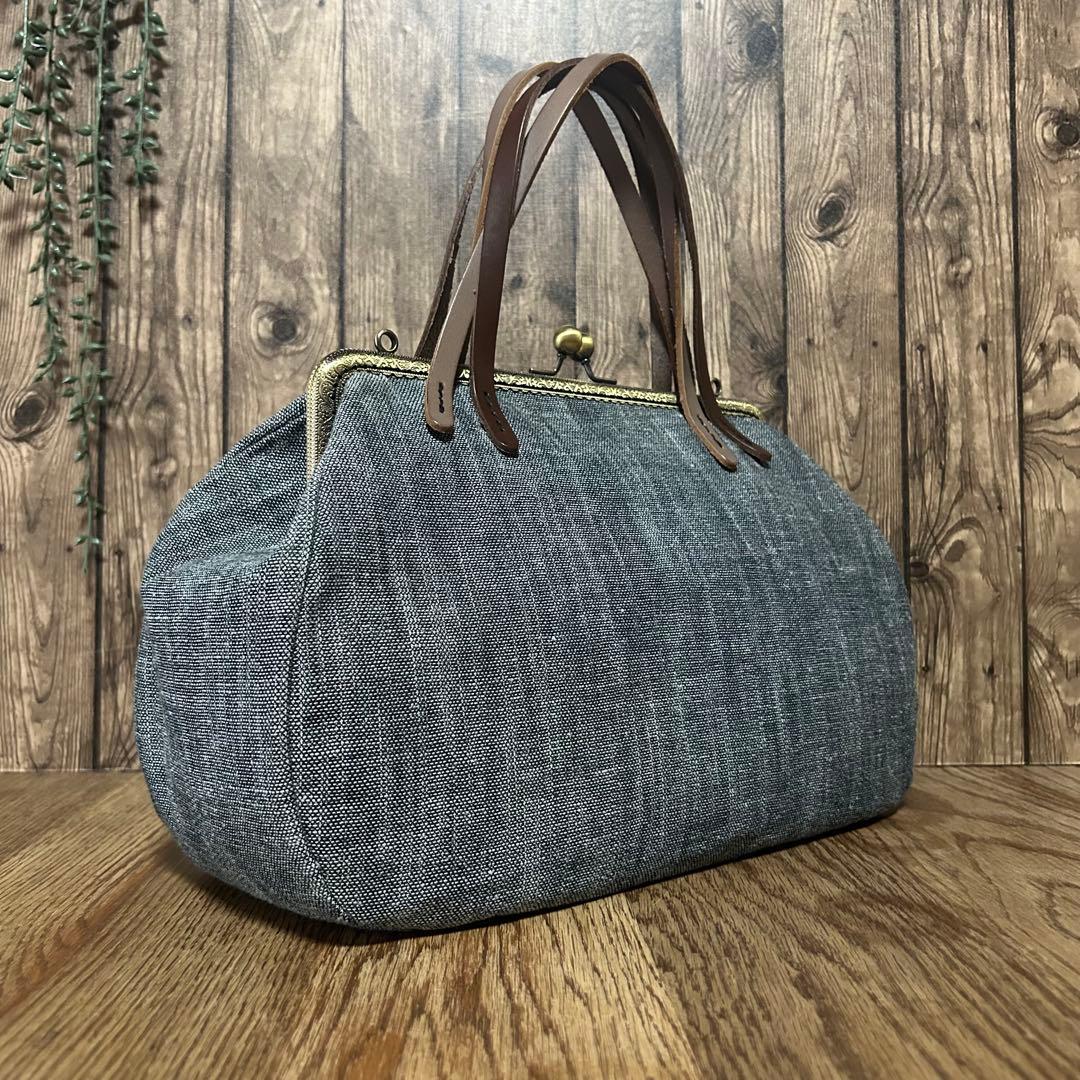 ＊横長がま口バッグ＊本革持ち手が可愛いグレーデニムのがま口バッグ　ショルダー付き